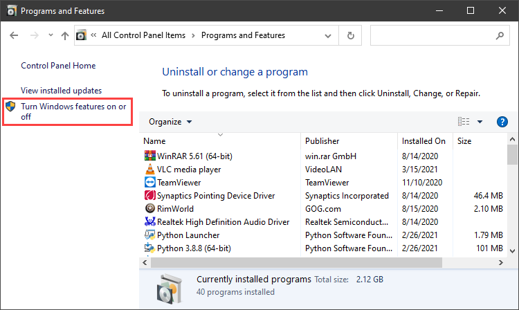 Turn Windows features on or off