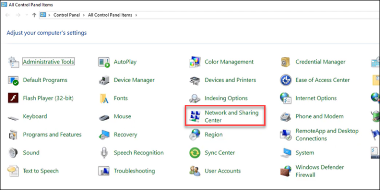Chọn Network and Sharing Center