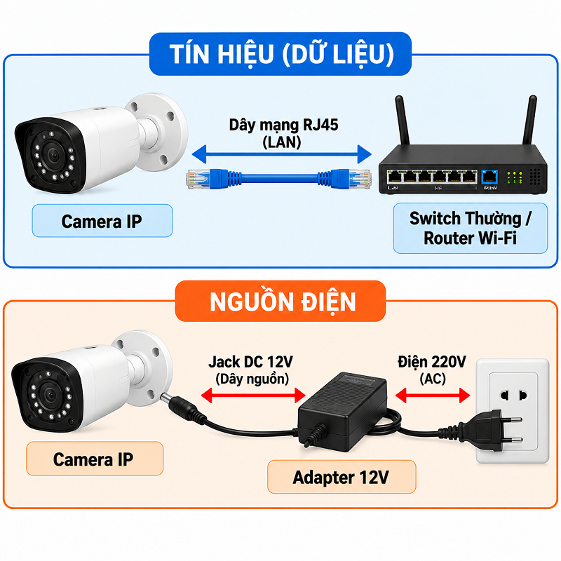 Sơ đồ đấu dây amera IP dùng nguồn DC 12V rời